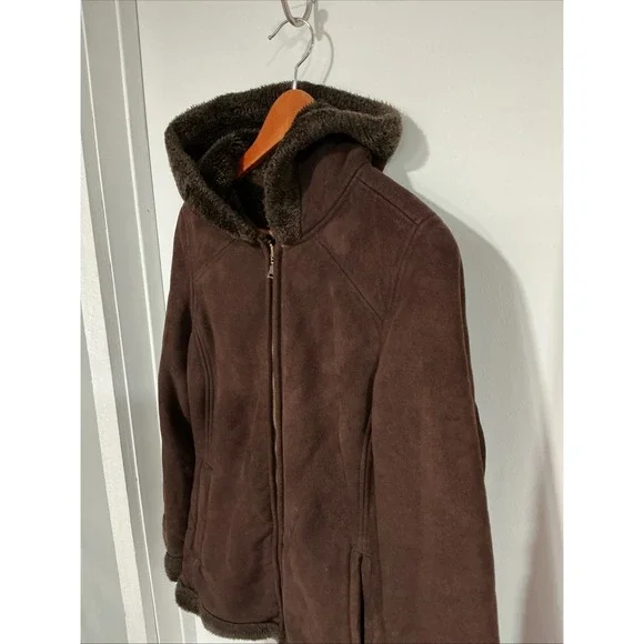 Faux Suede And Shearling Lined coat women Small, Dark Brown, Hooded, Classic - Picture 2 of 11